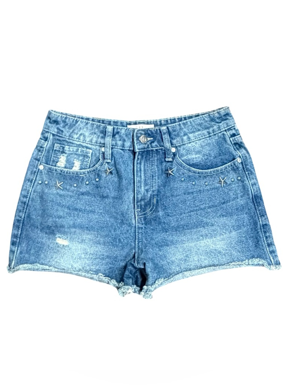 Austin Landing High Rise Distressed Denim Shorts With Star Accents Size 5